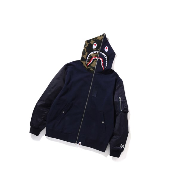 Mikiny S Kapucňou A BATHING APE Bape Military Shark Relaxed Fit Full Zip Throughs Panske Námornícka Modrá Modre | 0516-VHZYQ