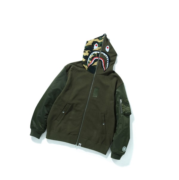 Mikiny S Kapucňou A BATHING APE Bape Military Shark Relaxed Fit Full Zip Throughs Panske Zelene | 2638-SMNKT