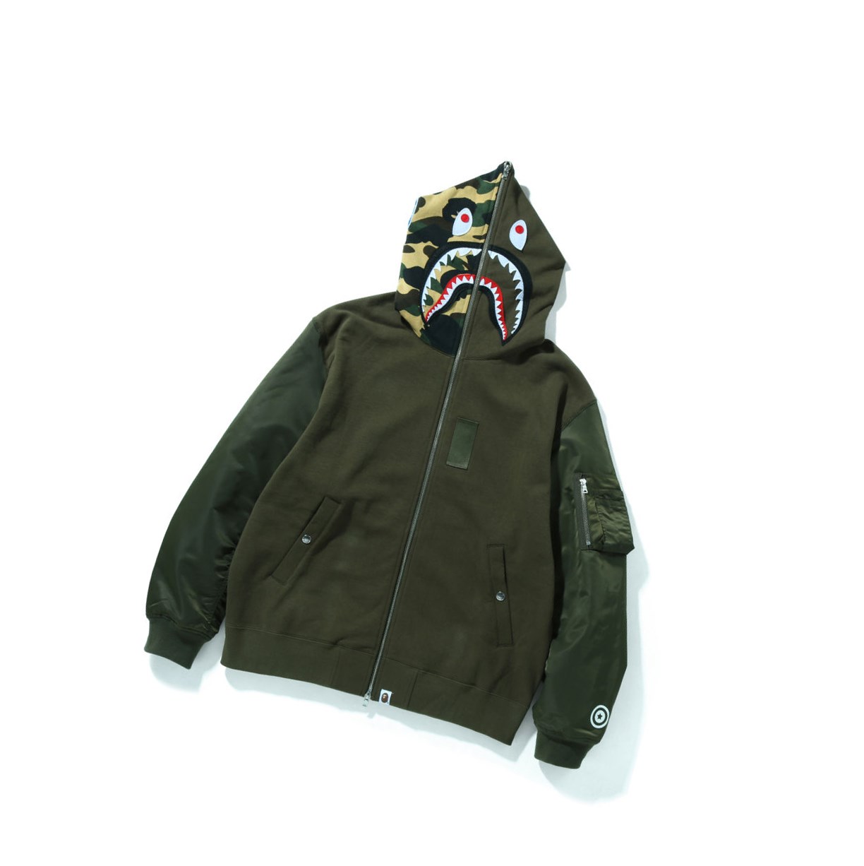 Mikiny S Kapucňou A BATHING APE Bape Military Shark Relaxed Fit Full Zip Throughs Panske Zelene | 2638-SMNKT